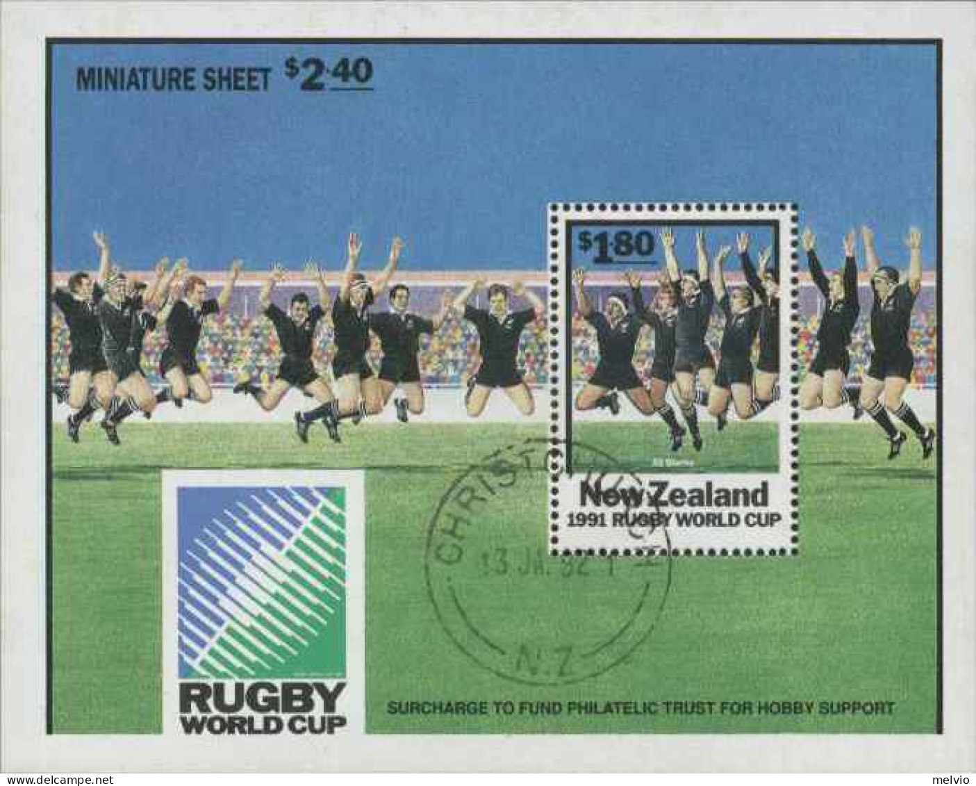 1991-Nuova Zelanda (O=used) Foglietto Usato S.1v."World Cup Rugby Championship"c - Autres & Non Classés