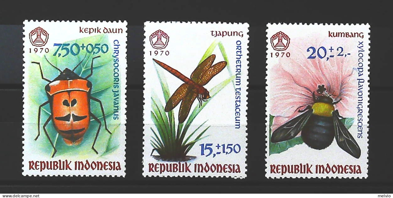 1970-Indonesia (MNH=**) Serie 3 Valori Coleottero Libellula Ape - Indonesië