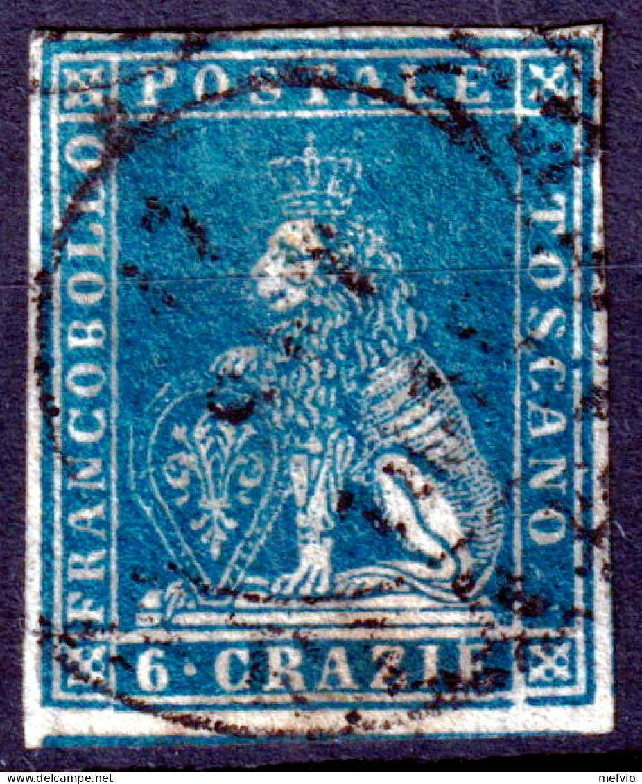 1857 TOSCANA Marzocco Cr.6 Azzurro Chiaro (Sassone 15) Usato Ottimi Margini - Toscane