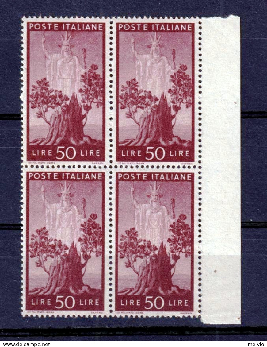 1945 (MNH=**) Democratica Blocco Quattro Lire 50 (ottima Centratura!) Nuovo Gomm - 1946-60: Nieuw/plakker