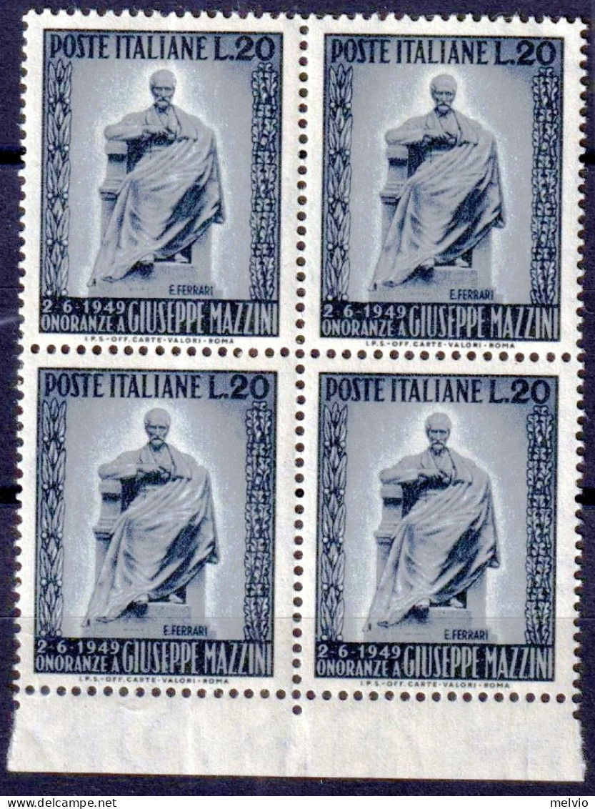 1949 (MNH=**) MAZZINI Blocco Quattro Lire 20 Nuovo Gomma Originale Ed Integra - 1946-60: Nuevos