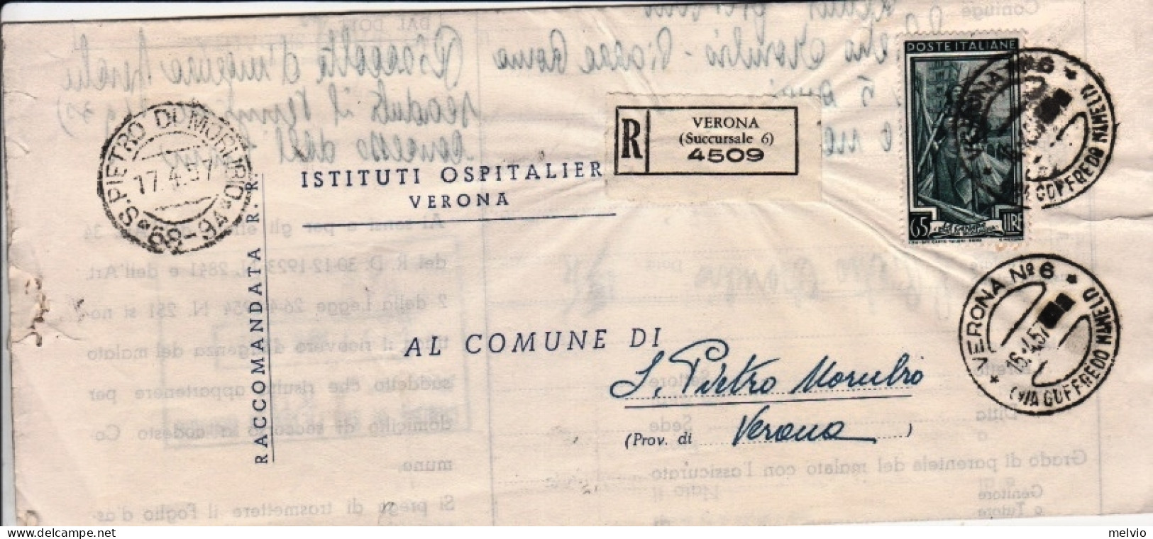 1957-ITALIA LAVORO Lire 65 Su Piego Raccomandato Verona (15.4) - 1946-60: Storia Postale