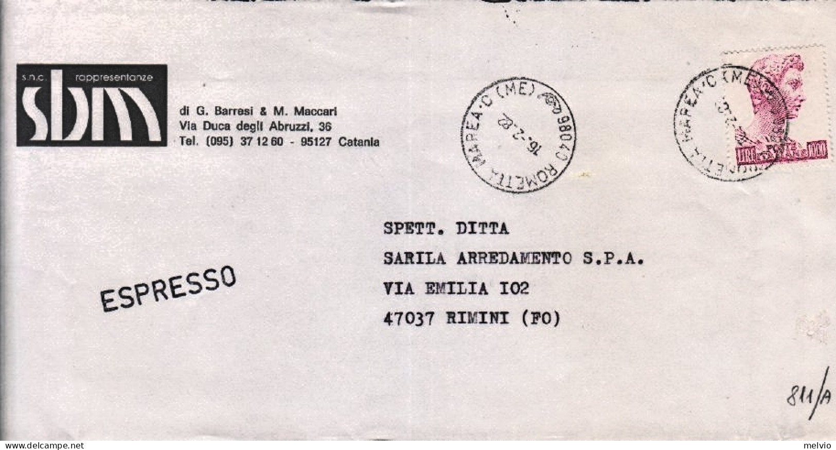 1982-DONATELLO Lire 1000 Isolato Su Espresso Rometta Marea (16.2) - 1981-90: Marcophilie
