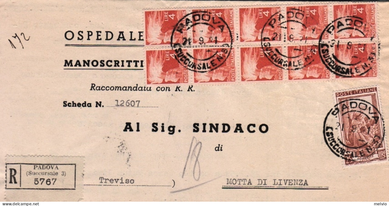 1951-Democratica Blocco Di Dieci Lire 4 Più Italia Al Lavoro Lire 25 Su Piego Ra - 1946-60: Storia Postale