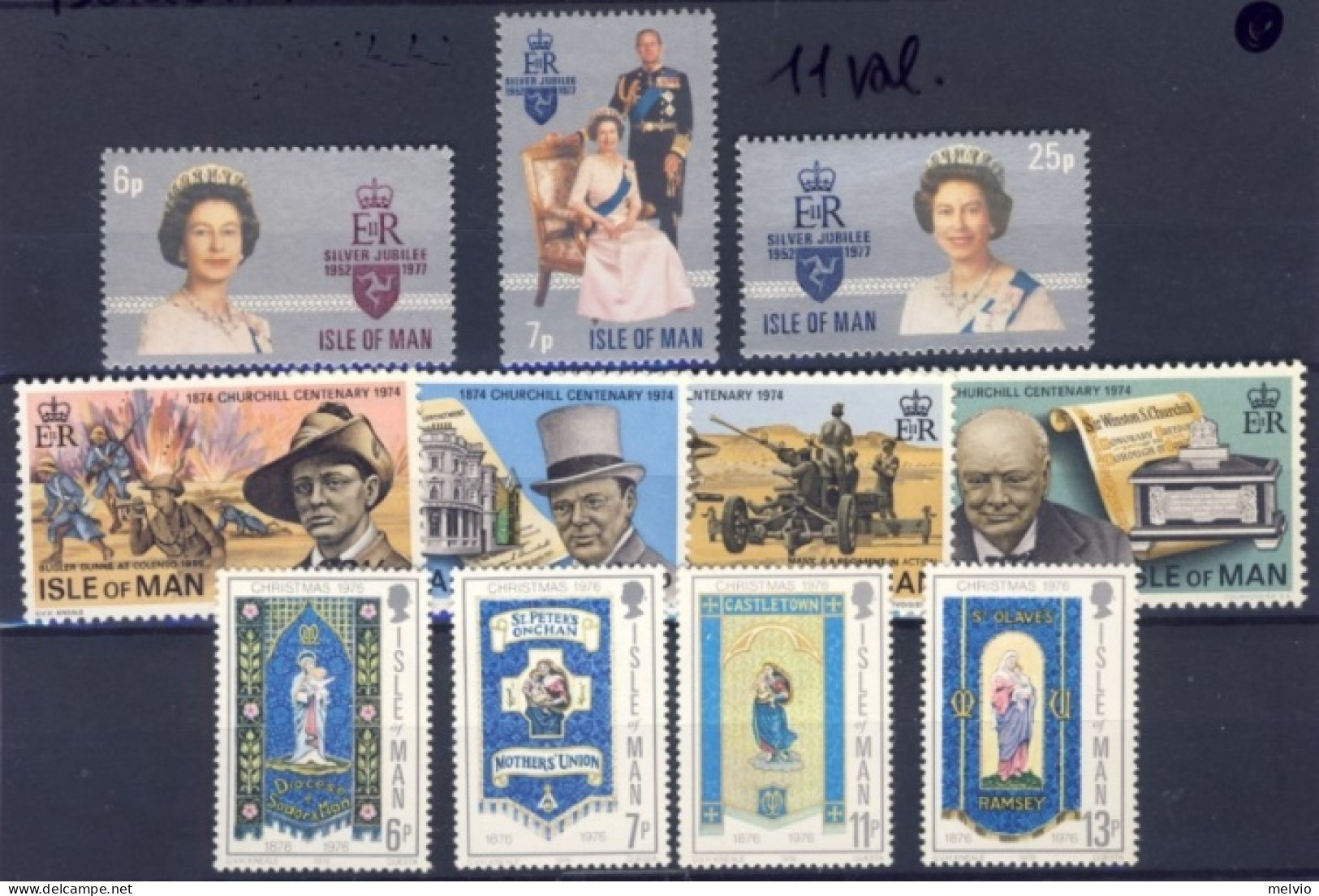 1976/7-Isola Di Man (MNH=**) 3 Serie 11 Valori Natale,giubileo,Churchill - Isle Of Man