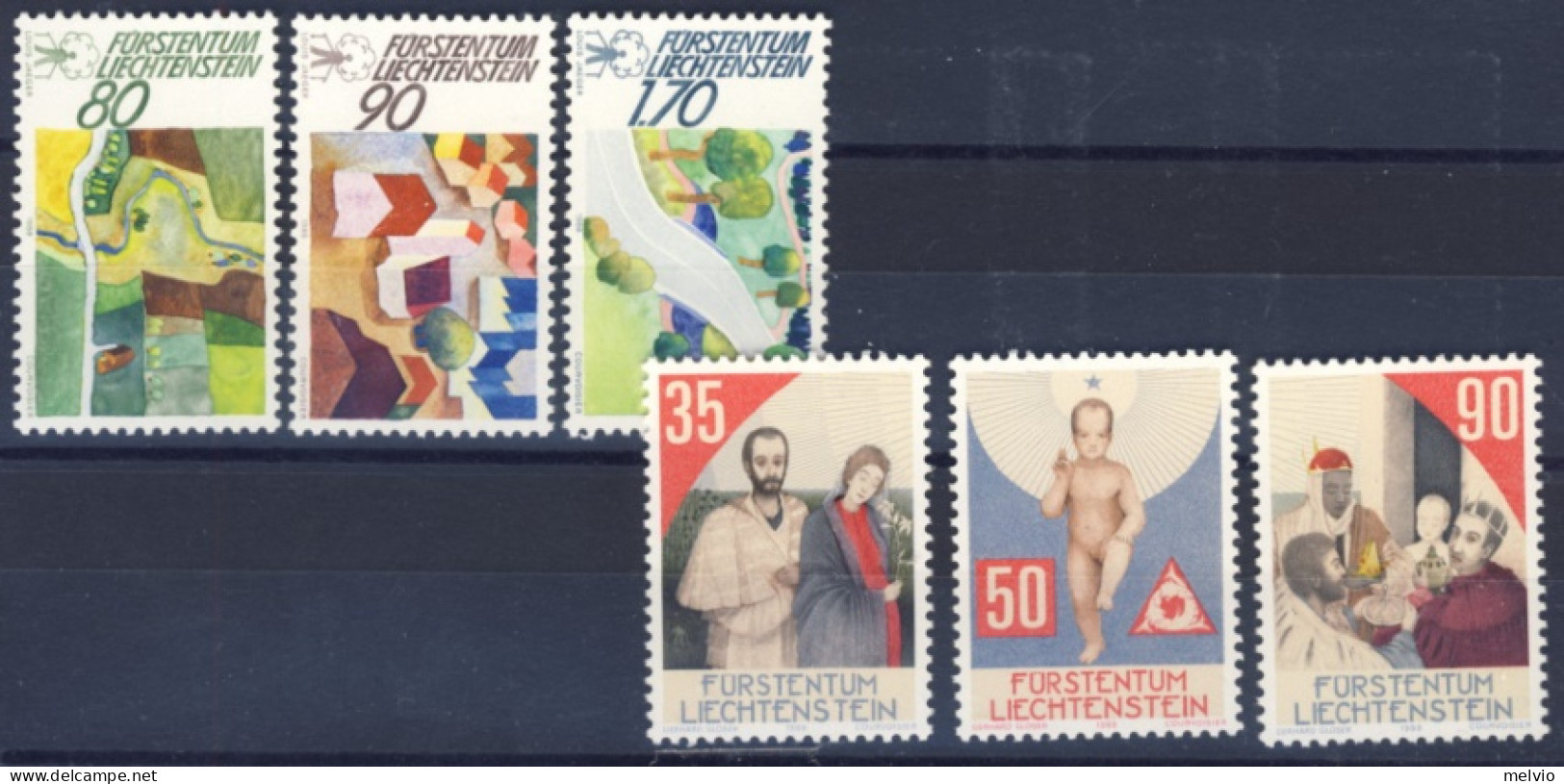 1988-Liechtenstein (MNH=**) 2 Serie 6 Valori Campagna Mondo Rurale,Natale - Nuovi