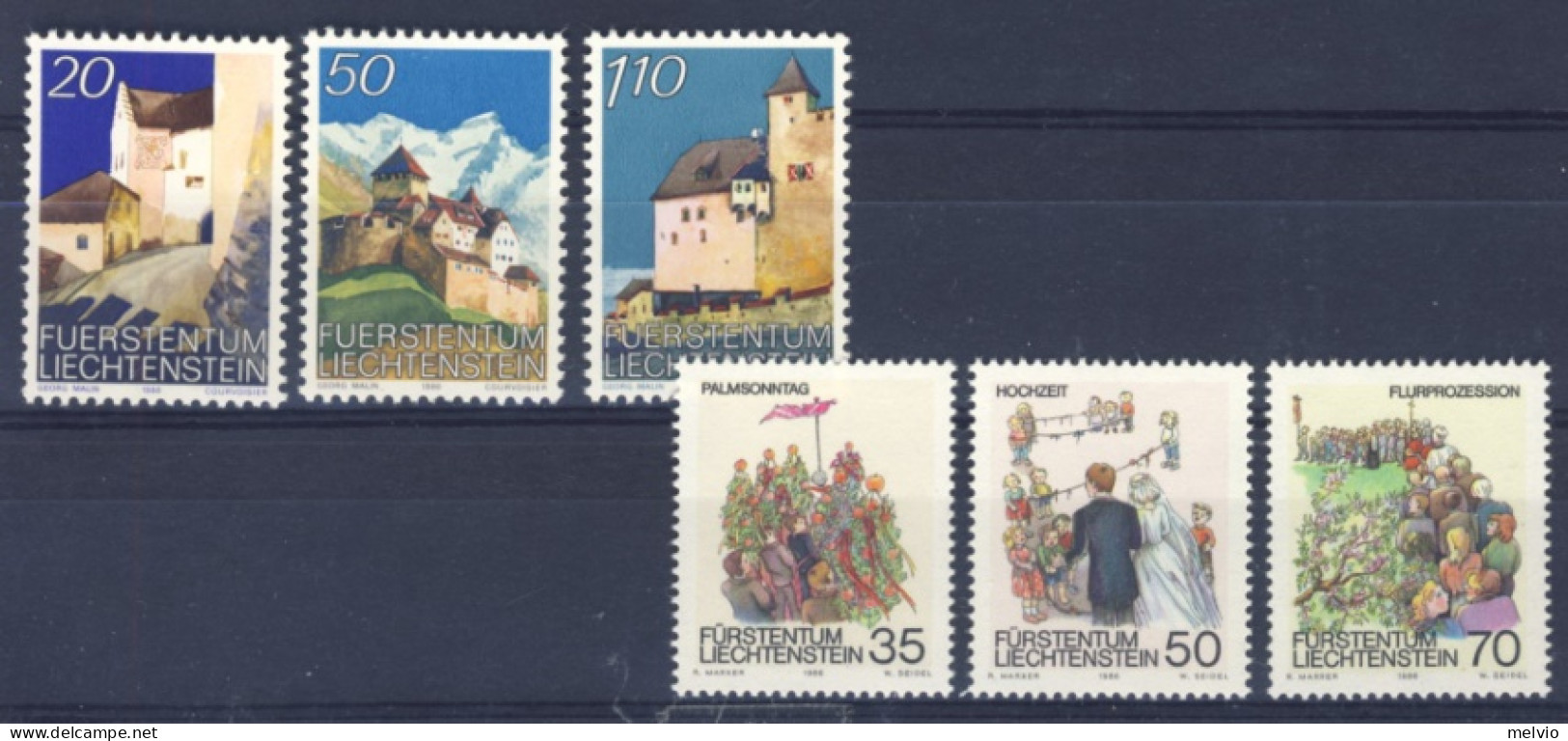 1986-Liechtenstein (MNH=**) 2 Serie 6 Valori Castelli,tradizioni Primaverili - Ungebraucht