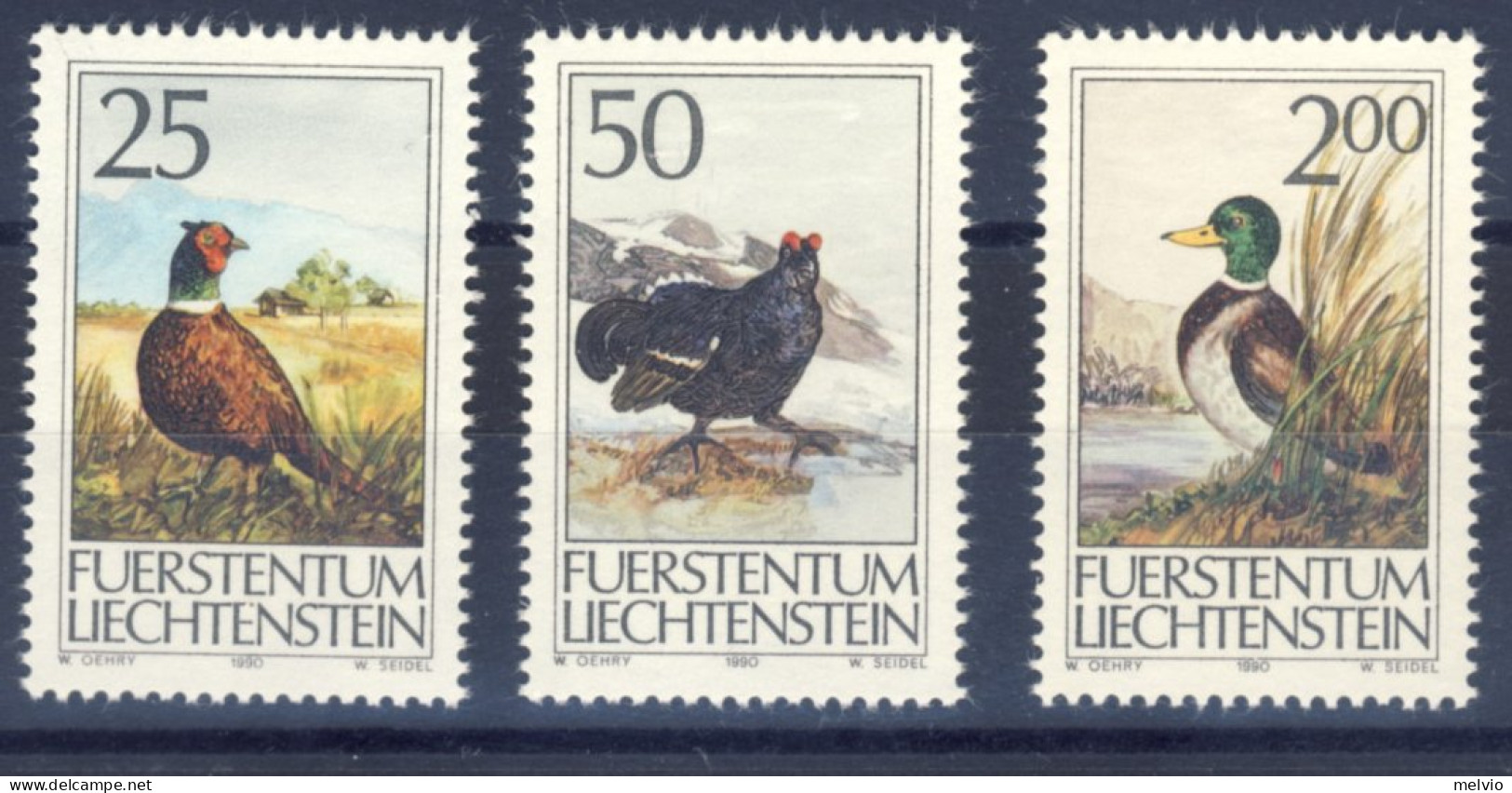 1990-Liechtenstein (MNH=**) Serie 3 Valori Caccia Fagiano,germano Reale E Gallo  - Neufs