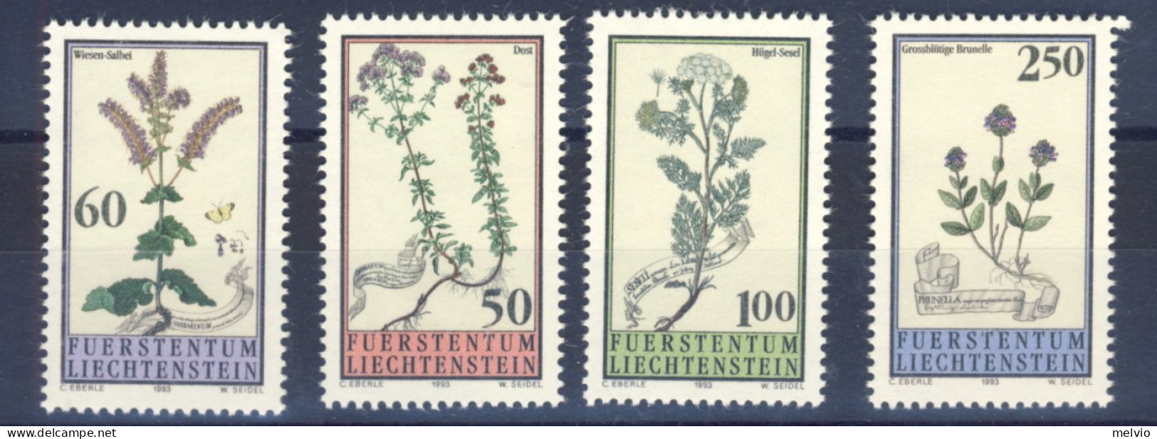 1993-Liechtenstein (MNH=**) Serie 4 Valori Fiori Delle Praterie - Nuovi