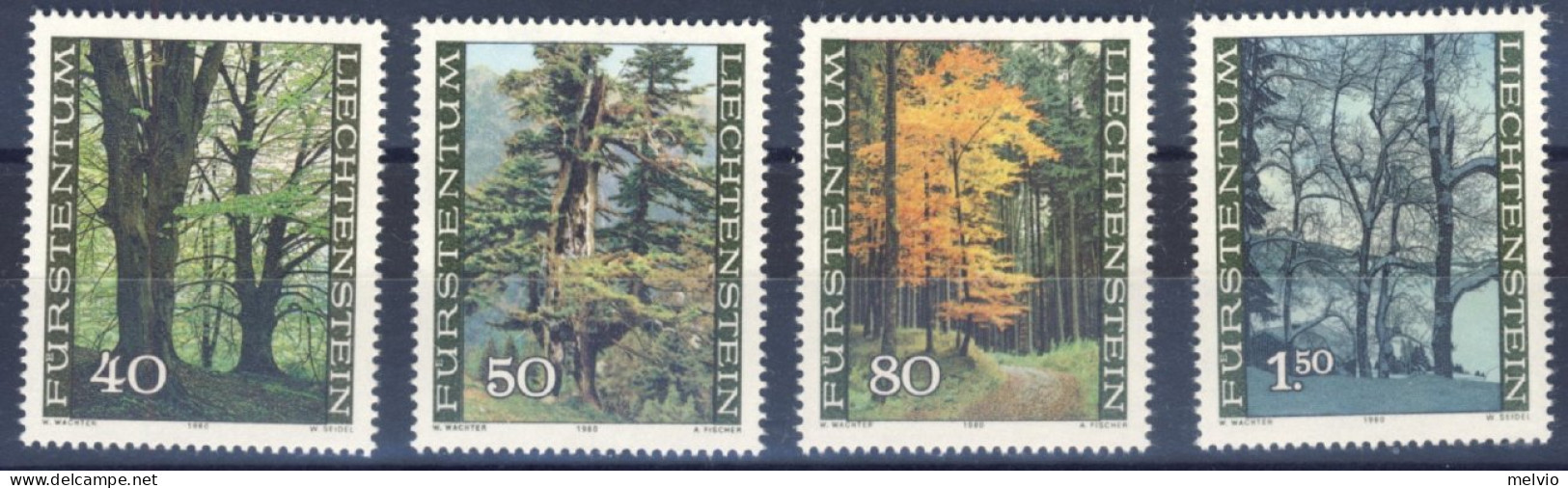 1980-Liechtenstein (MNH=**) Serie 4 Valori Alberi Della Foresta Nelle Quattro St - Nuevos