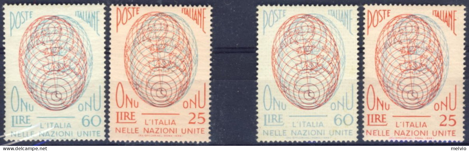 1956-Italia (MNH=**) 2 Serie 4 Valori ONU Nei Due Tipi Diversi Di Gommatura - 1946-60: Mint/hinged