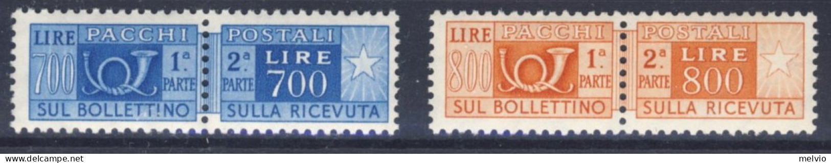 1955/79-Italia (MNH=**) Pacchi Postali L.700 + L.800 Corno Di Posta Filigrana St - 1946-60: Nieuw/plakker