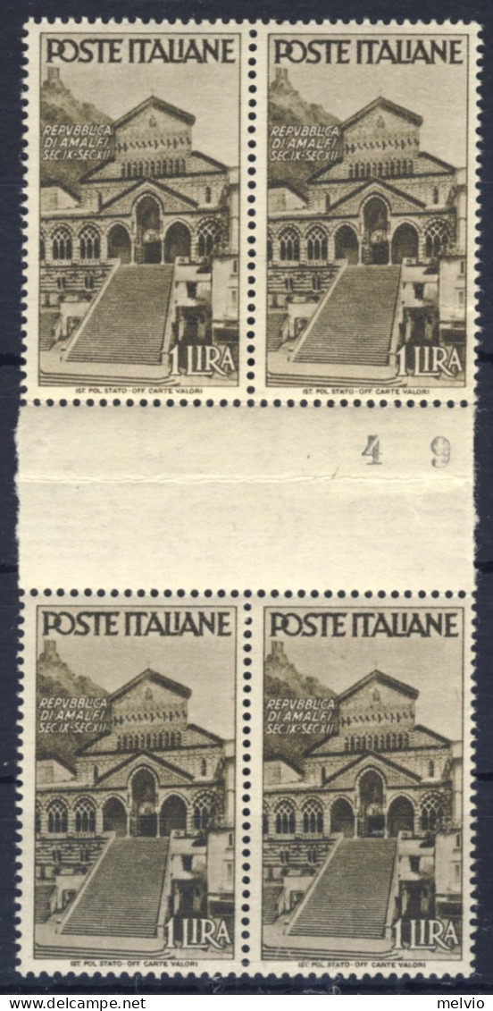 1946-Italia (MNH=**) Quartina L.4 Repubbliche Medievali Con Interspazio Di Grupp - 1946-60: Nieuw/plakker