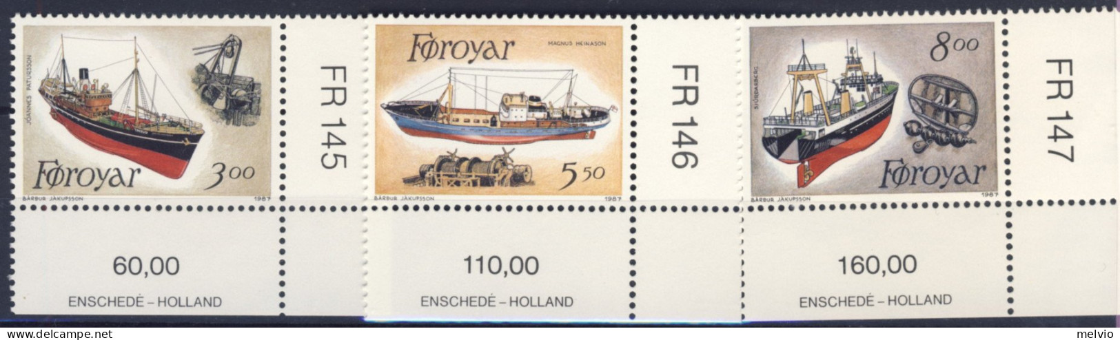 1987-Faeroer (MNH=**) Serie 3 Valori Pescherecci - Faroe Islands