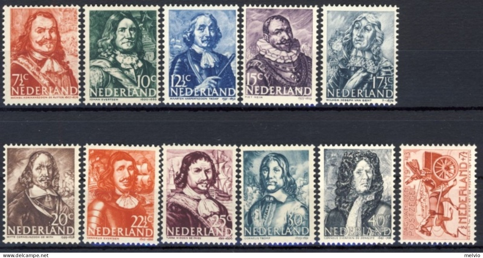 1943/45-Olanda (MNH=**) 2 Serie 11 Valori Ammiragli,giornata Del Francobollo - Neufs