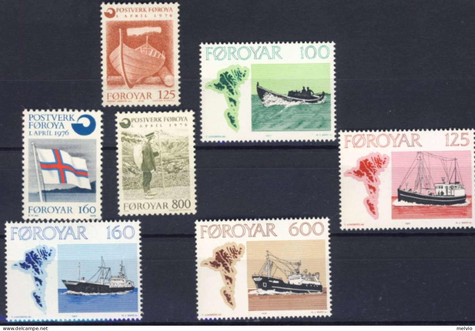 1976/7-Faeroer (MNH=**) 2 Serie 7 Valori Autonomia Postale,pescherecci - Isole Faroer