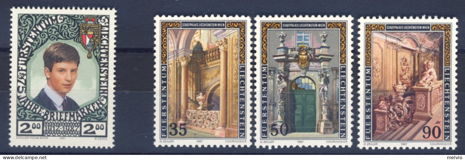 1987-Liechtenstein (MNH=**) 2 Serie 4 Valori Anniversario Francobolli, Palazzo M - Unused Stamps