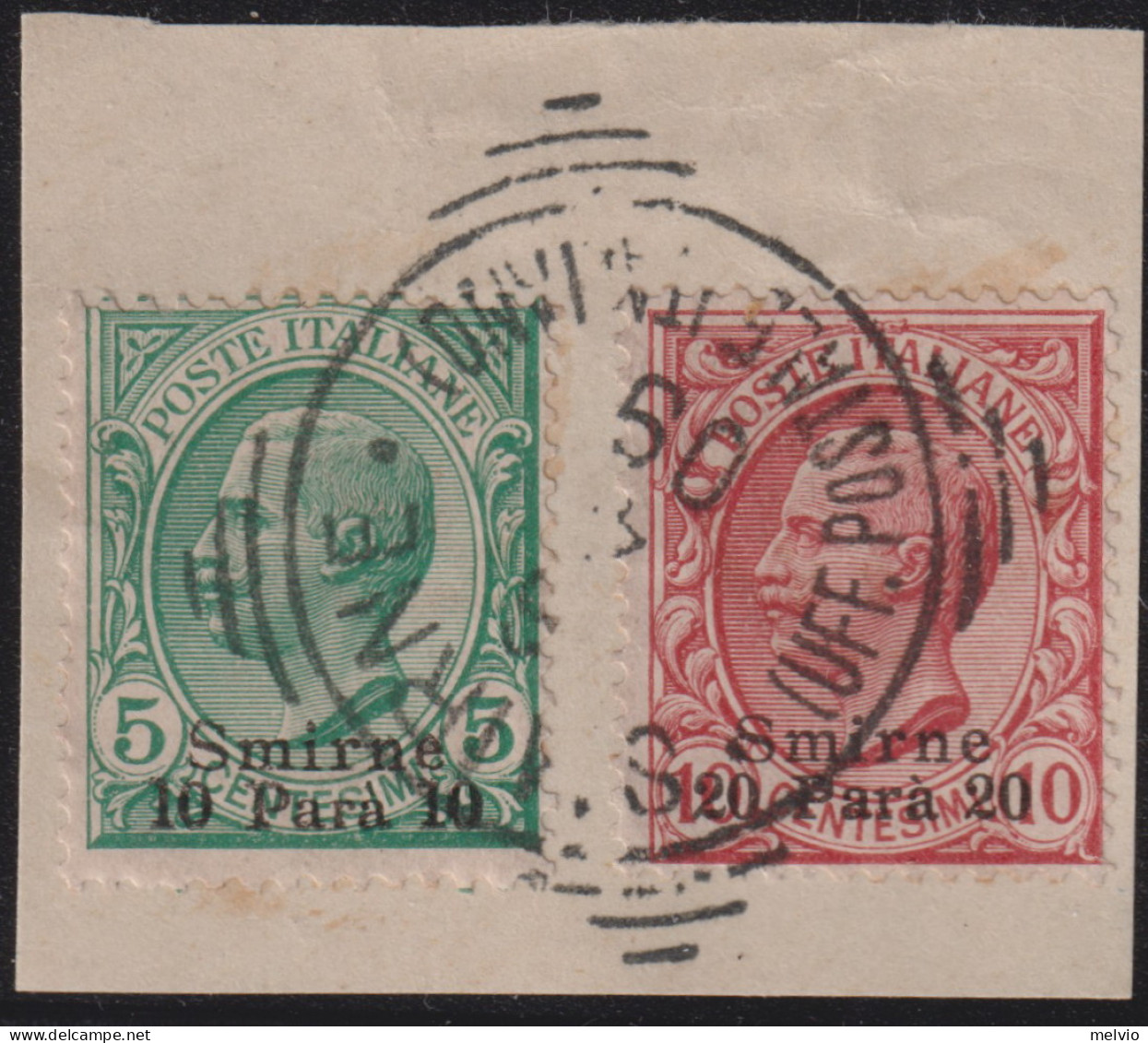 1909-Smirne (F=on Piece) 10pa.su 5c.+ 20pa.su 10c. Annullo Completo - Uffici D'Europa E D'Asia