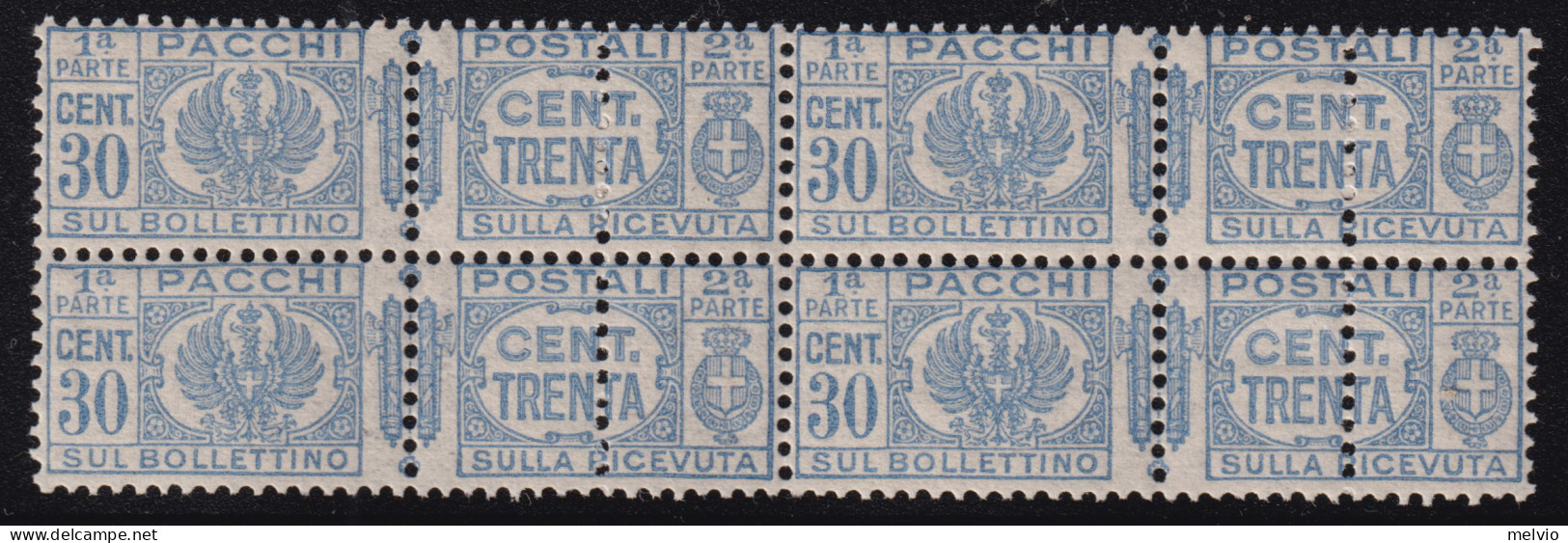 1927-Italia (MNH=**) Quartina Pacchi Postali 30 C. Con Doppia Dentellatura (PP.  - Ongebruikt