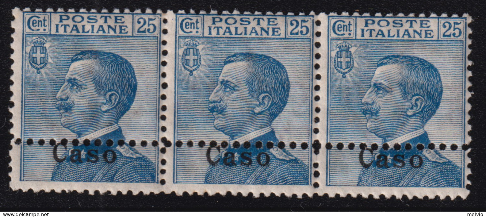 1912-Caso (MNH=**) Striscia Del 25c. Con Doppia Dentellatura Orizzontale - Aegean (Caso)