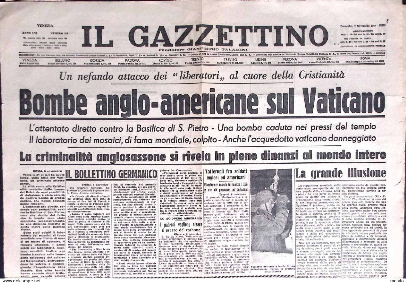 1943-Edizione Del 1 Novembre Del Gazzettino Di Verona Con Titolo "Bombe American - Altri & Non Classificati