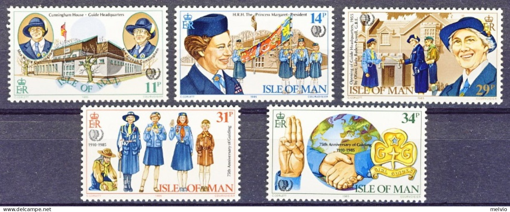 1985-Isola Di Man (MNH=**) S.5v."75° Anniversario Del Movimento Scoutistico Femm - Isola Di Man