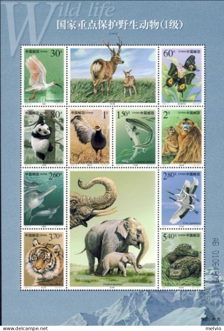 2000-Cina (MNH=**) Foglietto 10 Valori "Wild Animals Under First Grade State Pro - Nuovi