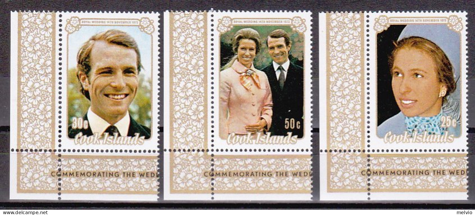1973-Cook Isole (MNH=**) S.3v."Matrimonio Reale,principessa Anna Phillips" - Cookinseln