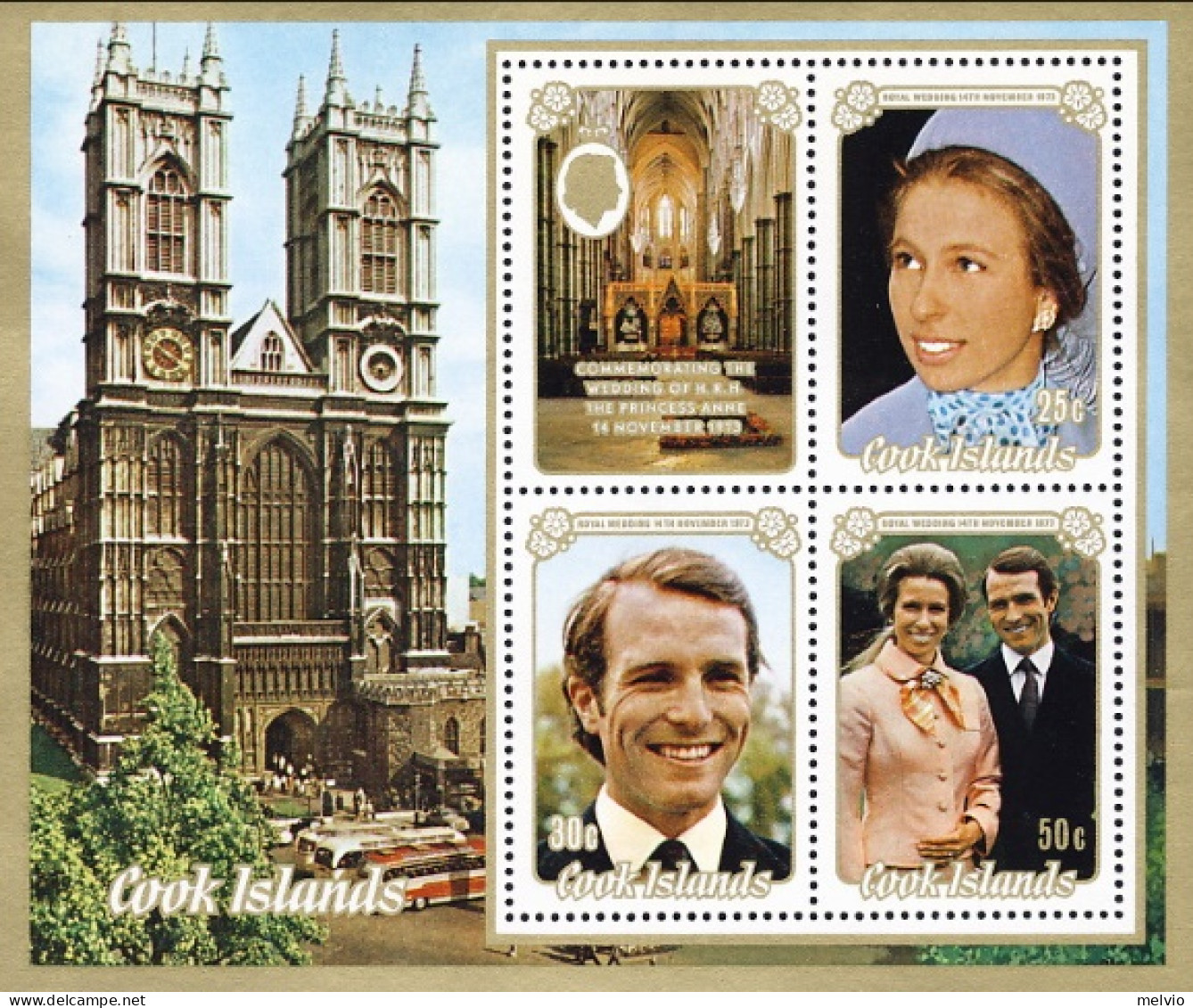 1973-Cook Isole (MNH=**) Foglietto S.4v."Matrimono Reale Principessa Anna" - Cookeilanden