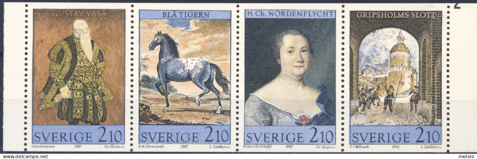 1987-Svezia (MNH=**) Striscia 4 Valori Opere D'arte Del Castello Di Gripsholm - Other & Unclassified