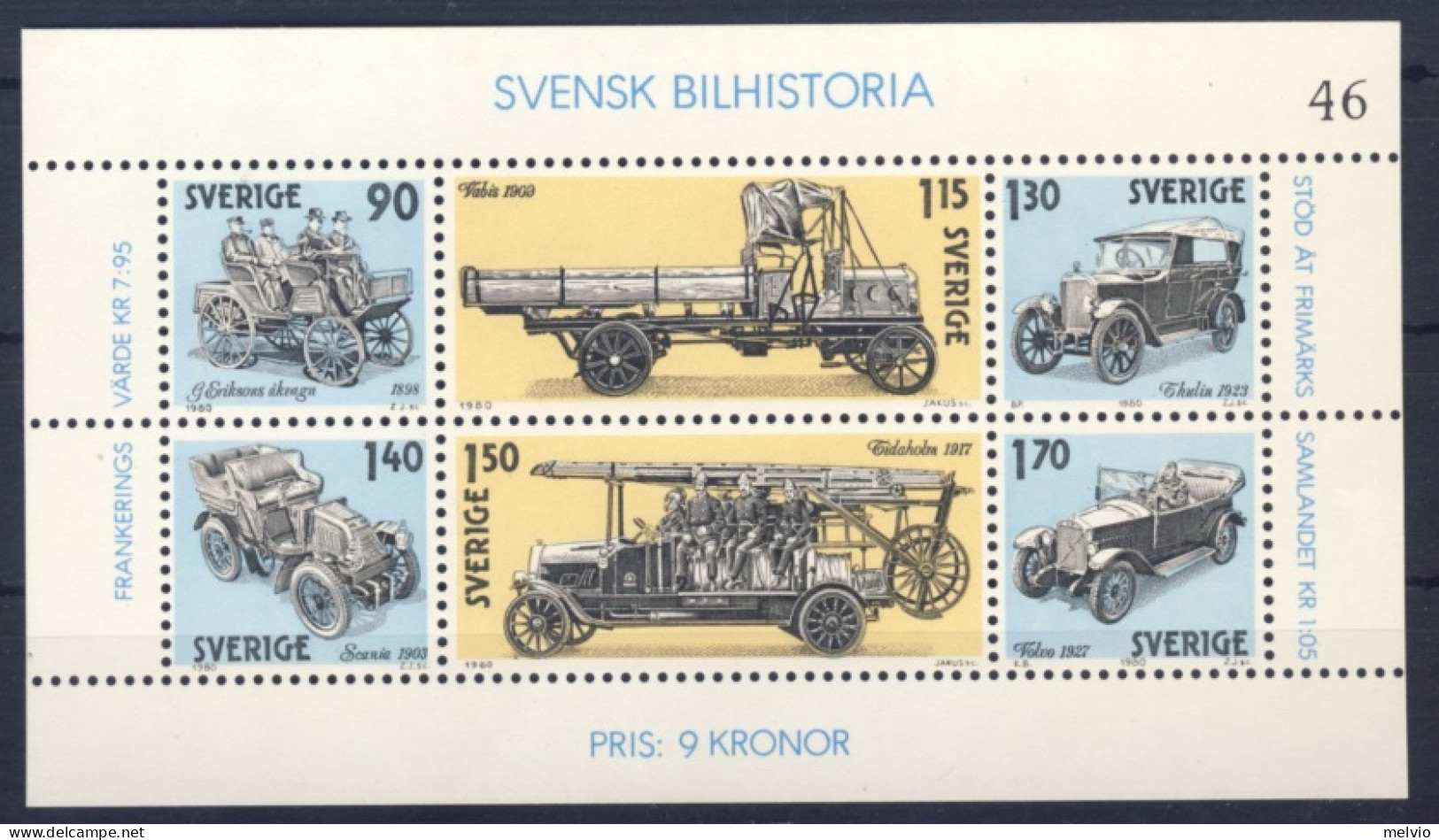 1980-Svezia (MNH=**) Foglietto 6 Valori Storia Dell'automobile Svedese - Otros & Sin Clasificación