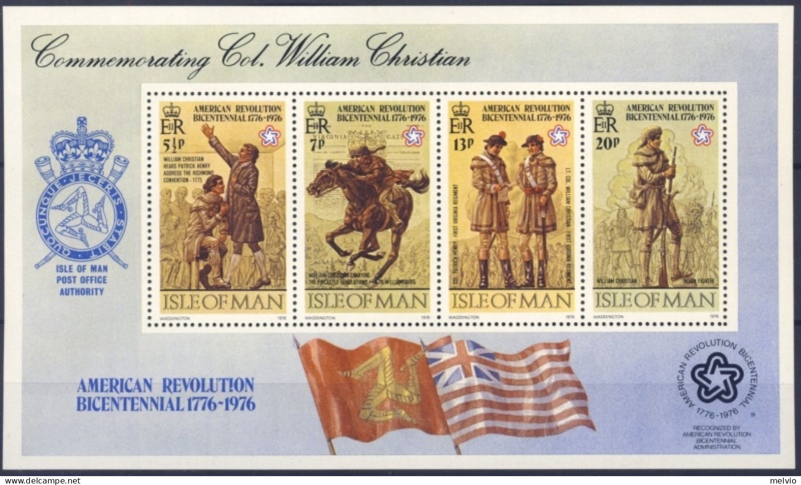 1976-Isola Di Man (MNH=**) Foglietto 4 Valori Anniversario Rivoluzione Americana - Isla De Man