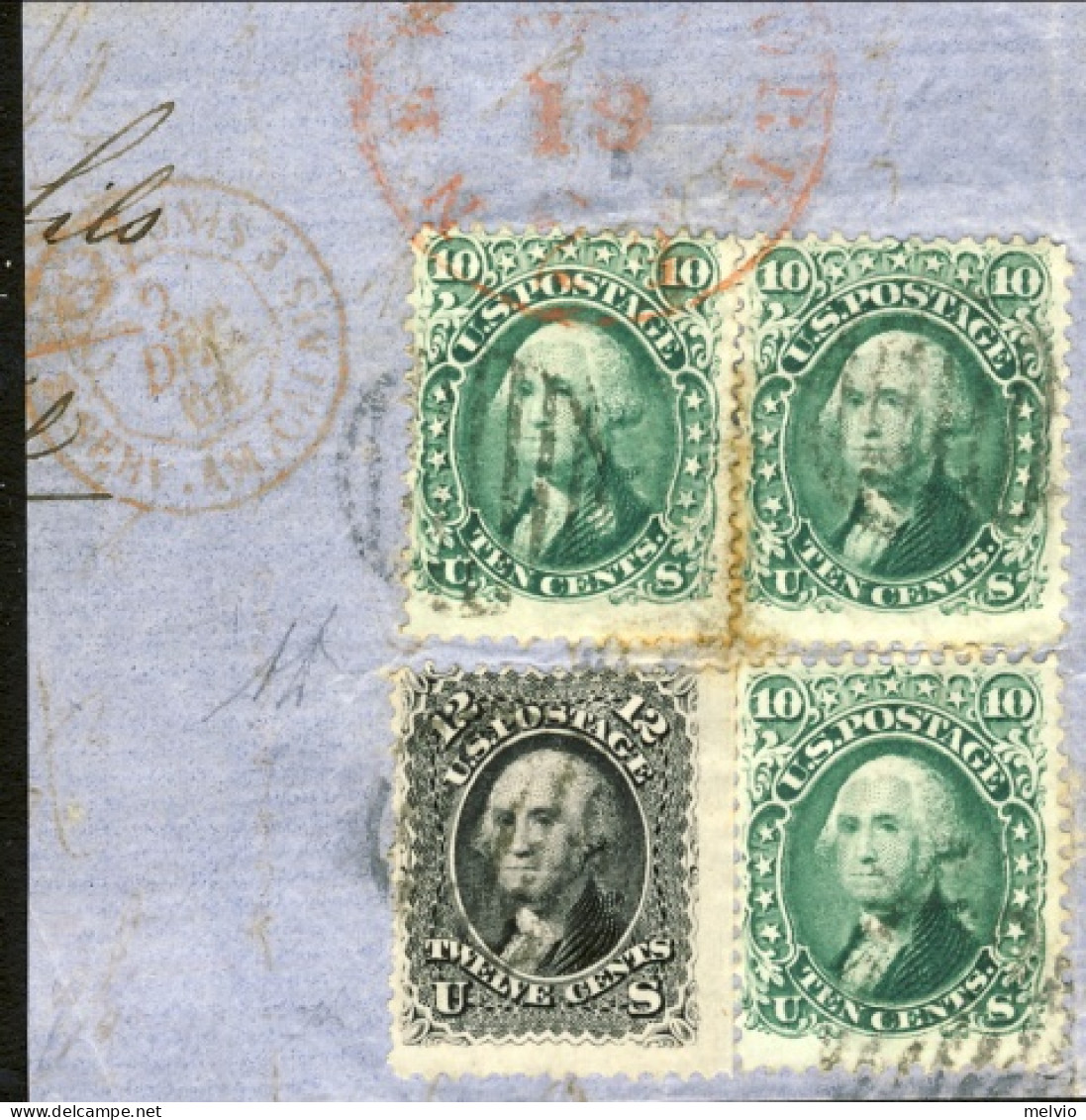 1861-U.S.A. (F=on Piece) Tre 10c. + 12c. Washington Signed A.Diena, All Stamps P - 1861-65 Stati Confederati