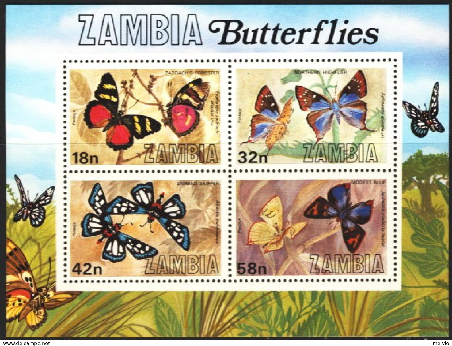 1980-Zambia (MNH=**) Foglietto S.4v."Farfalle" - Zambia (1965-...)