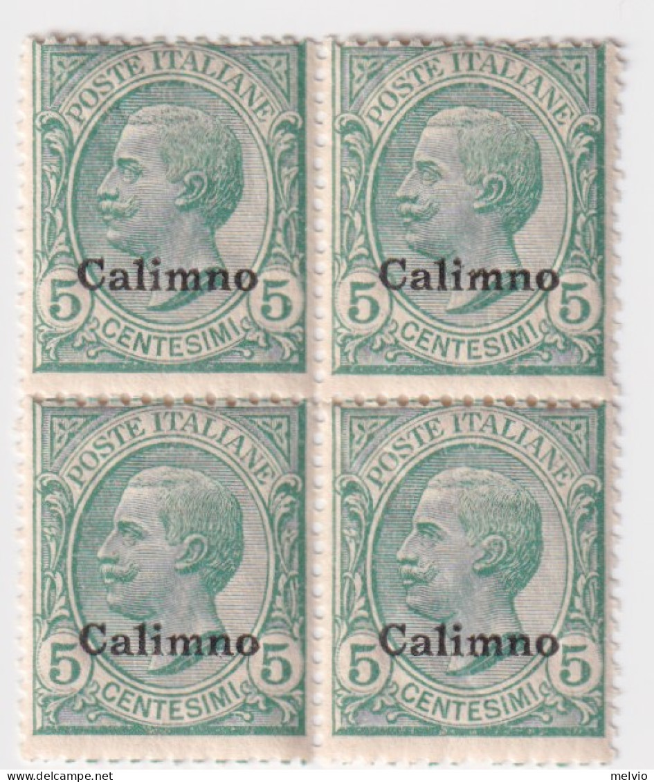 1912-Calimno (MNH=**) Quartina 5c. Leoni Cat.Sassone Euro 30 - Aegean (Calino)
