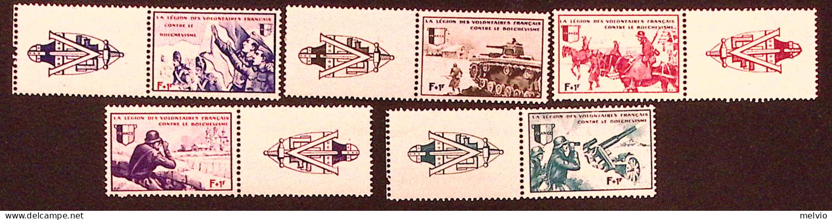 1943-Feldpost Legione Francese (MNH=**) Le 5 Vignette Serie Completa Con Bordo D - War 1939-45