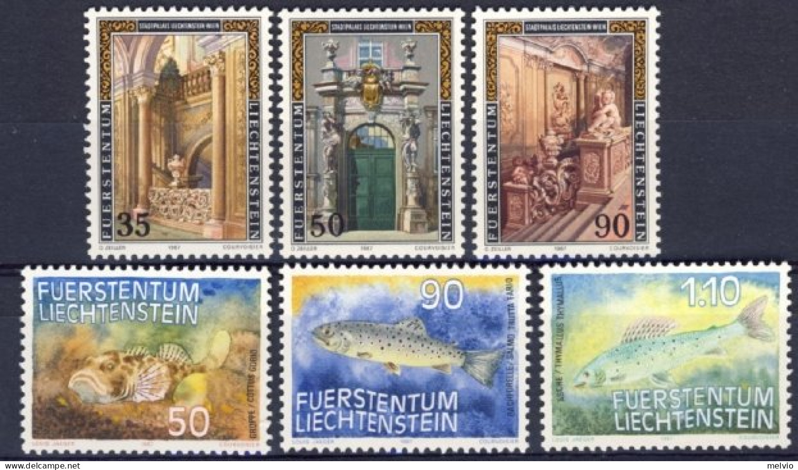 1987-Liechtenstein (MNH=**) 2 Serie 6 Valori Pesci Architettura Religiosa - Nuovi