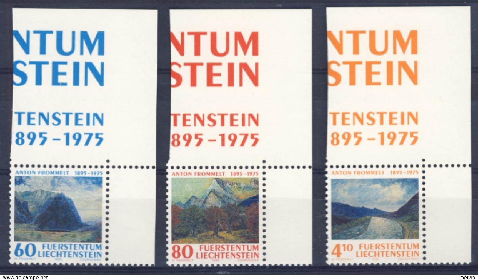 1995-Liechtenstein (MNH=**) Serie 3 Valori Quadri Anton Frommelt Angolo Di Fogli - Nuevos