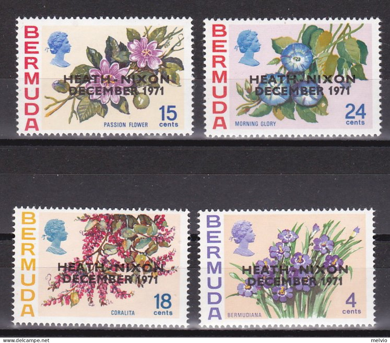 1971-Bermuda (MNH=**) S.4v."Fiori Soprastampa Incontro Heath Nixon" - Bermudas