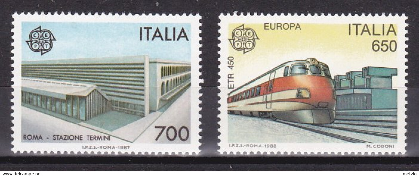 1987/88-Italia (MNH=**) 2 Valori "stazione Ferroviaria Termini,treno ETR 450" - 1946-60: Nieuw/plakker