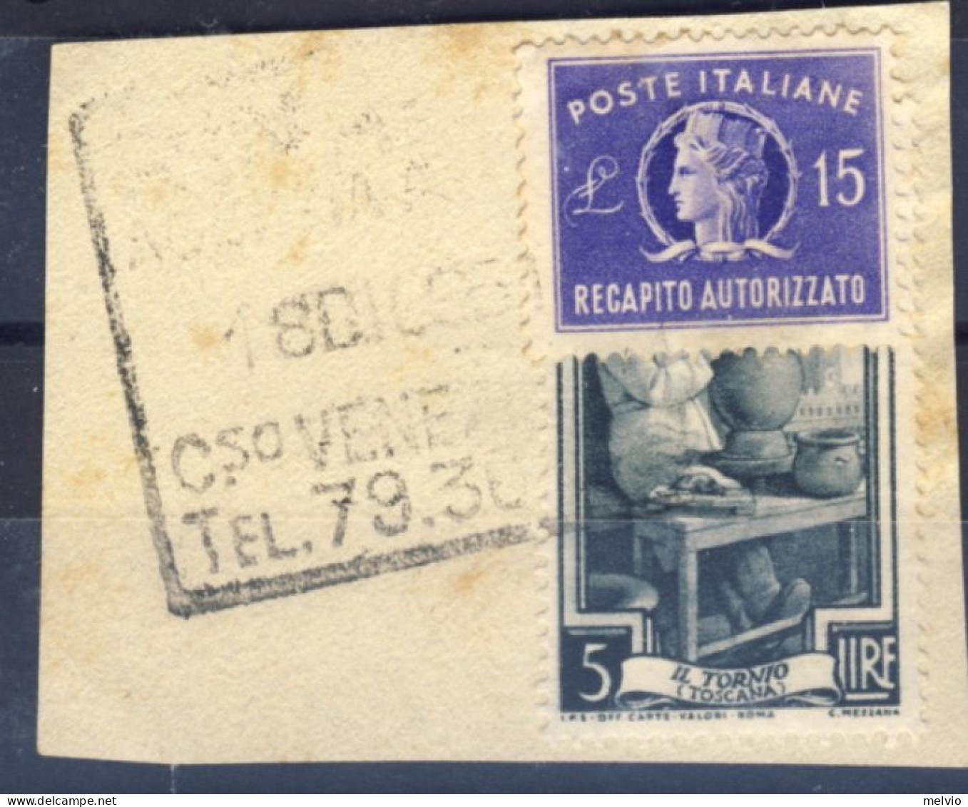 1952-Italia (F=on Piece) Frammento Recapito Autorizzato L.15 Su L.5 Italia Al La - 1946-60: Oblitérés