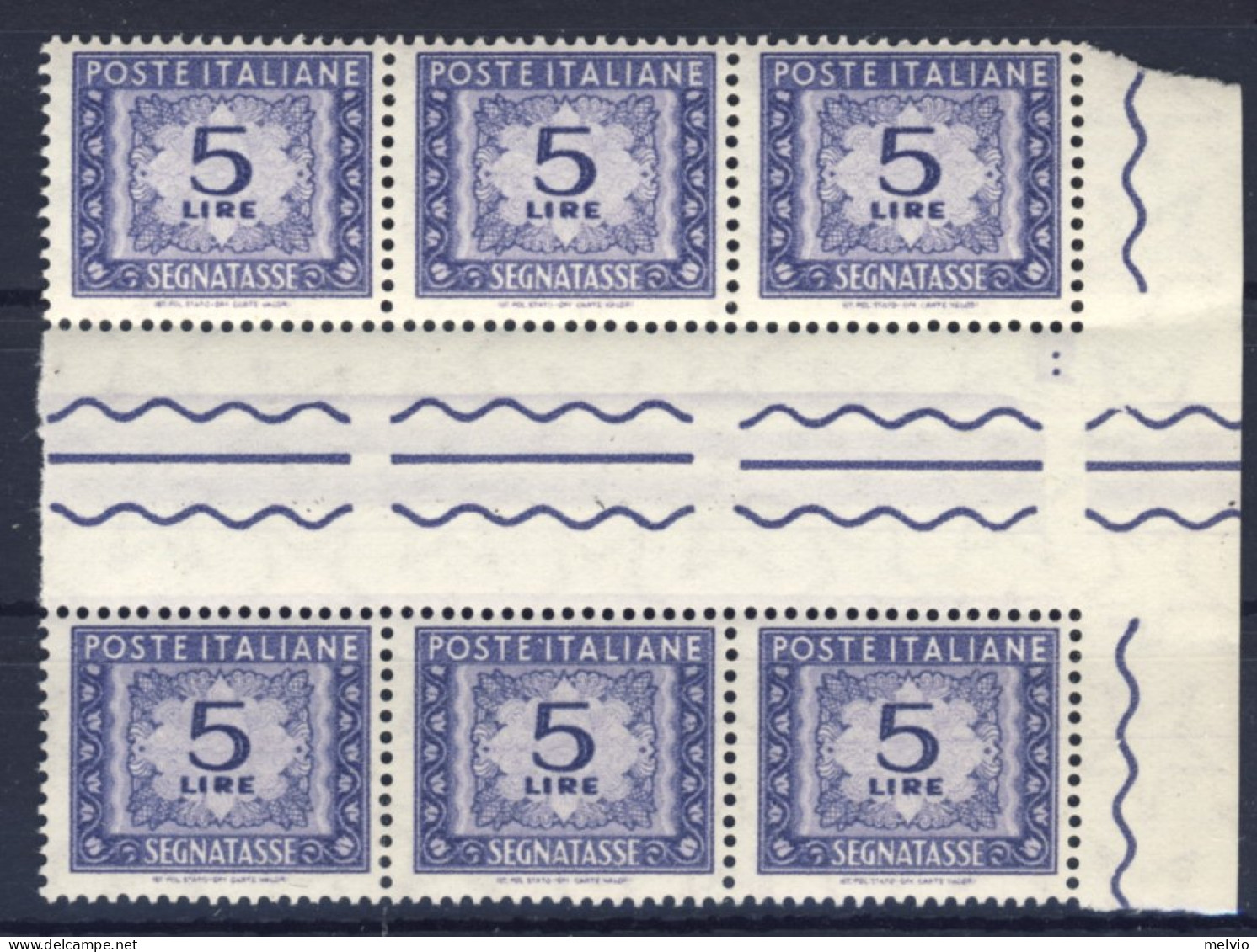 1955-Italia (MNH=**) Intera Striscia Segnatasse L.5 Filigrana Stelle Violetto Co - 1946-60: Ungebraucht