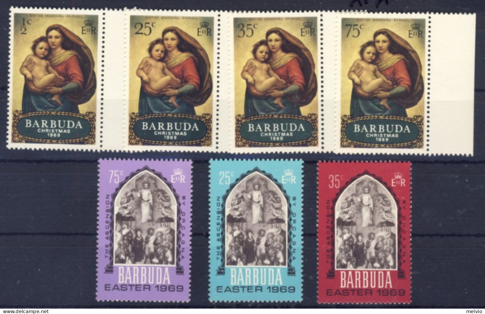 1969-Barbuda (MNH=**) 2 Serie 7 Valori Natale - Antigua And Barbuda (1981-...)