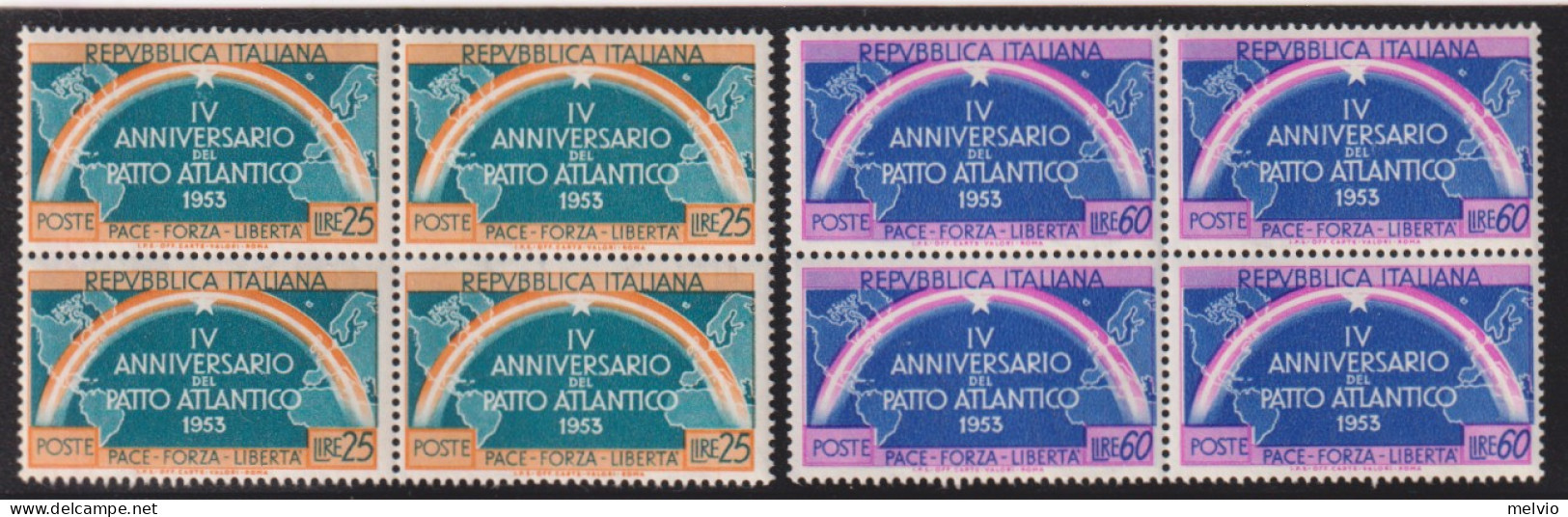 1953-Italia (MNH=**) Quartine Serie Due Valori Patto Atlantico - 1946-60: Mint/hinged