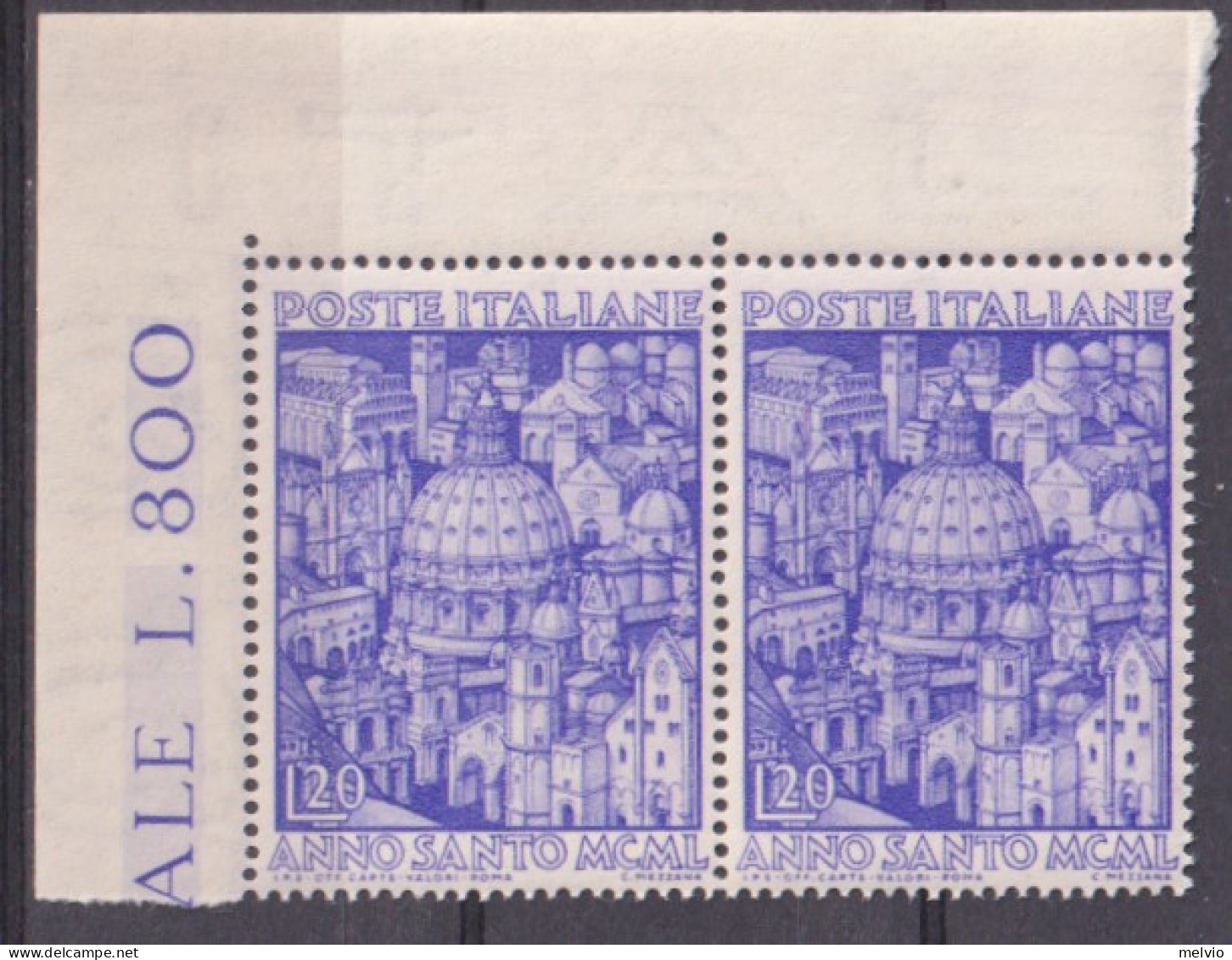 1950-Italia (MNH=**) Coppia L.20 Anno Santo Bordo Di Foglio - 1946-60: Nieuw/plakker
