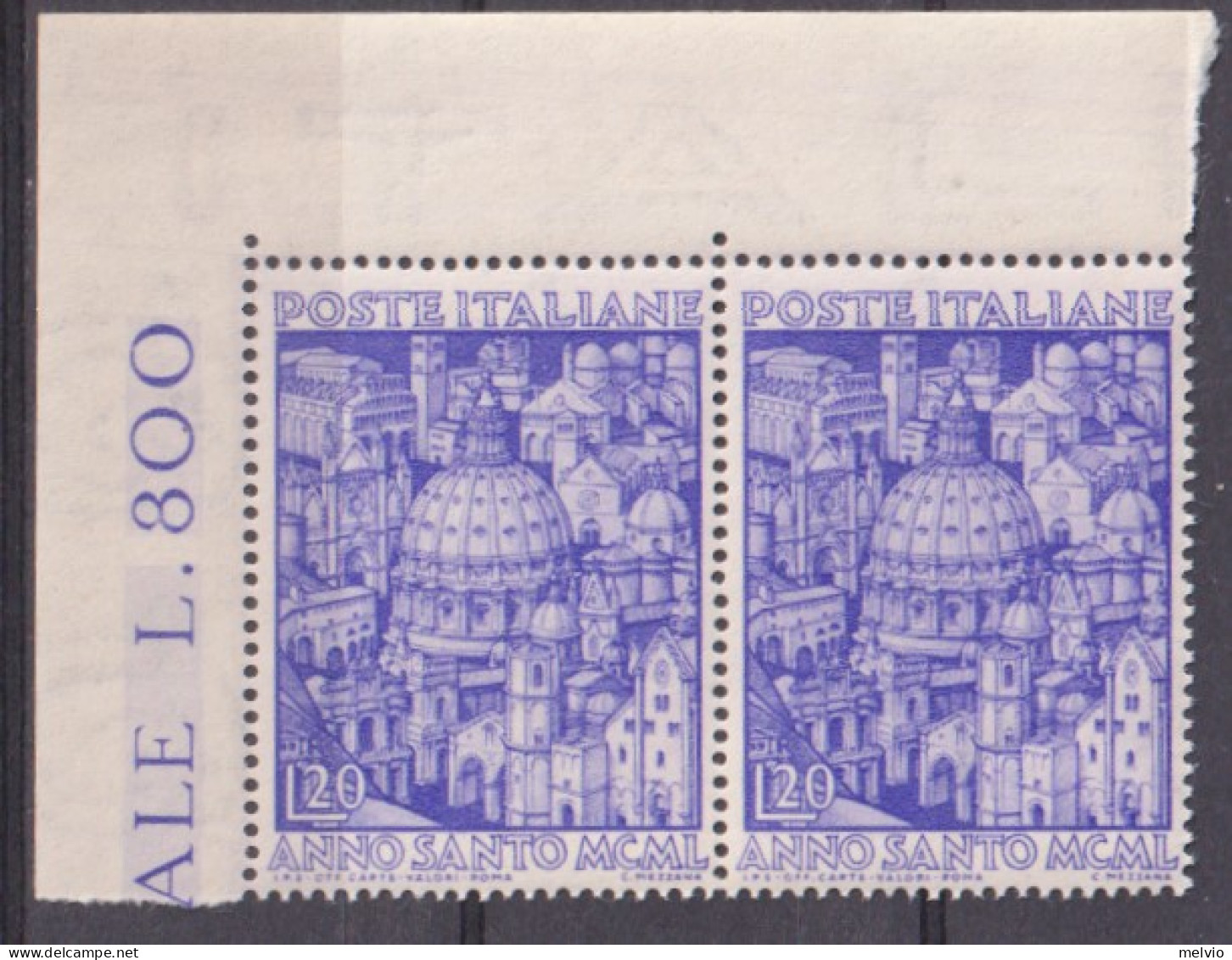 1950-Italia (MNH=**) Coppia L.20 Anno Santo Bordo Di Foglio - 1946-60: Ungebraucht