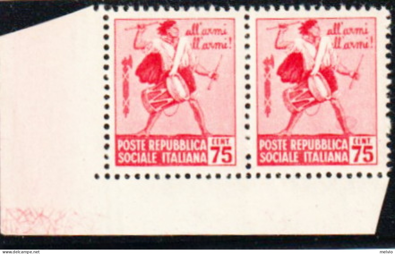 1944-Italia (MNH=**) 75c.Tamburino Varietà Con Macchia Di Colore Sulla Gamba Sin - Nuovi