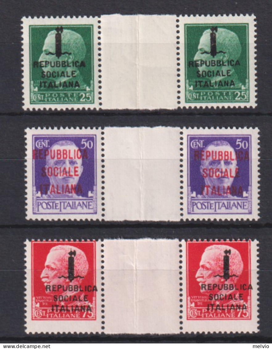 1944-Italia (MNH=**) 3 Valori Soprastampati Con Interspazio Di Gruppo - Ongebruikt