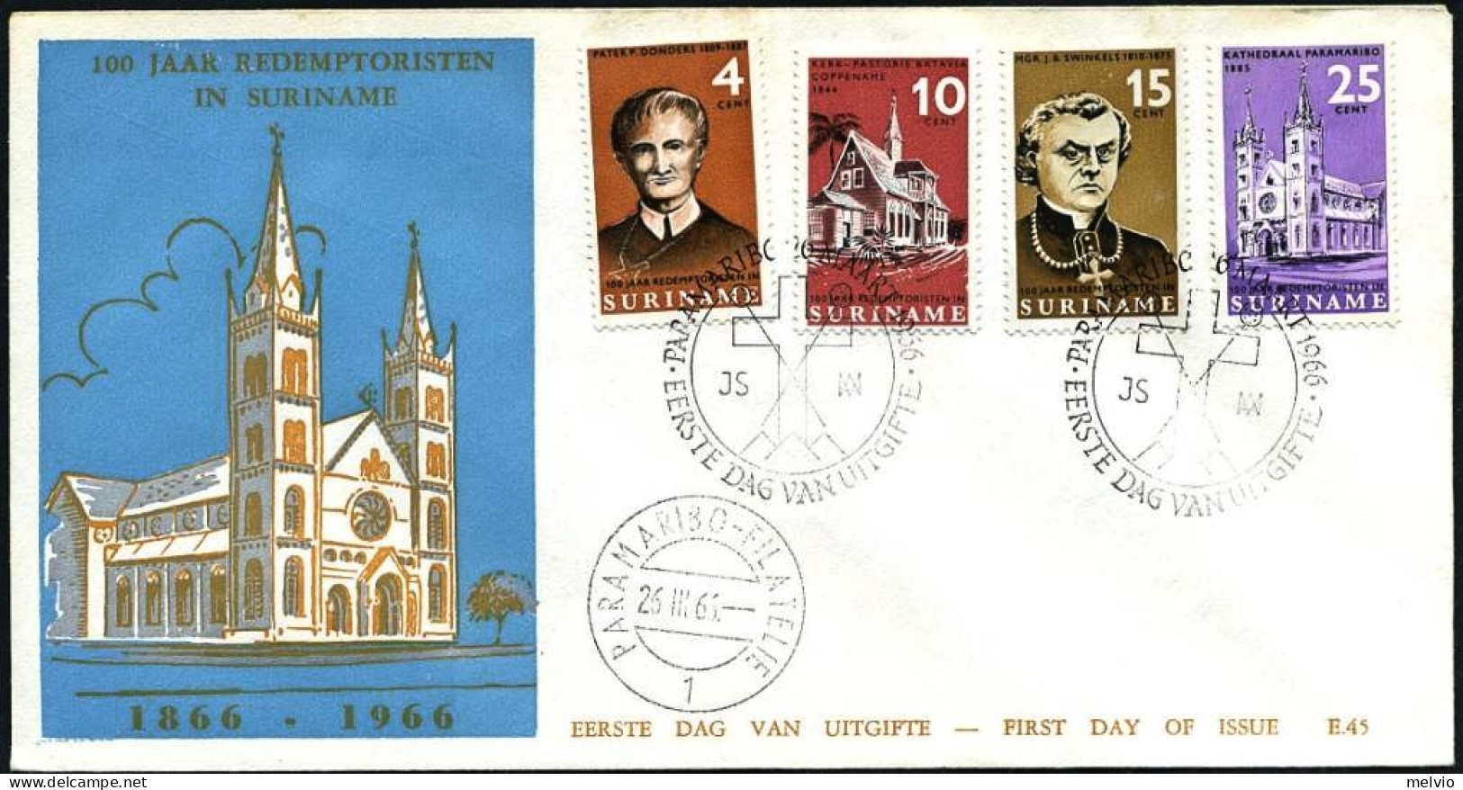 1966-Suriname S.4v."anniversario Missione Redentoristi"su Fdc Illustrata - Surinam