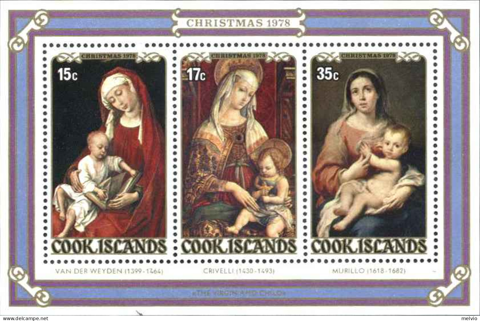 1978-Cook Isole (MNH=**) Foglietto S.3v."Natale Quadri"cat.Yvert Euro 3 - Cookeilanden